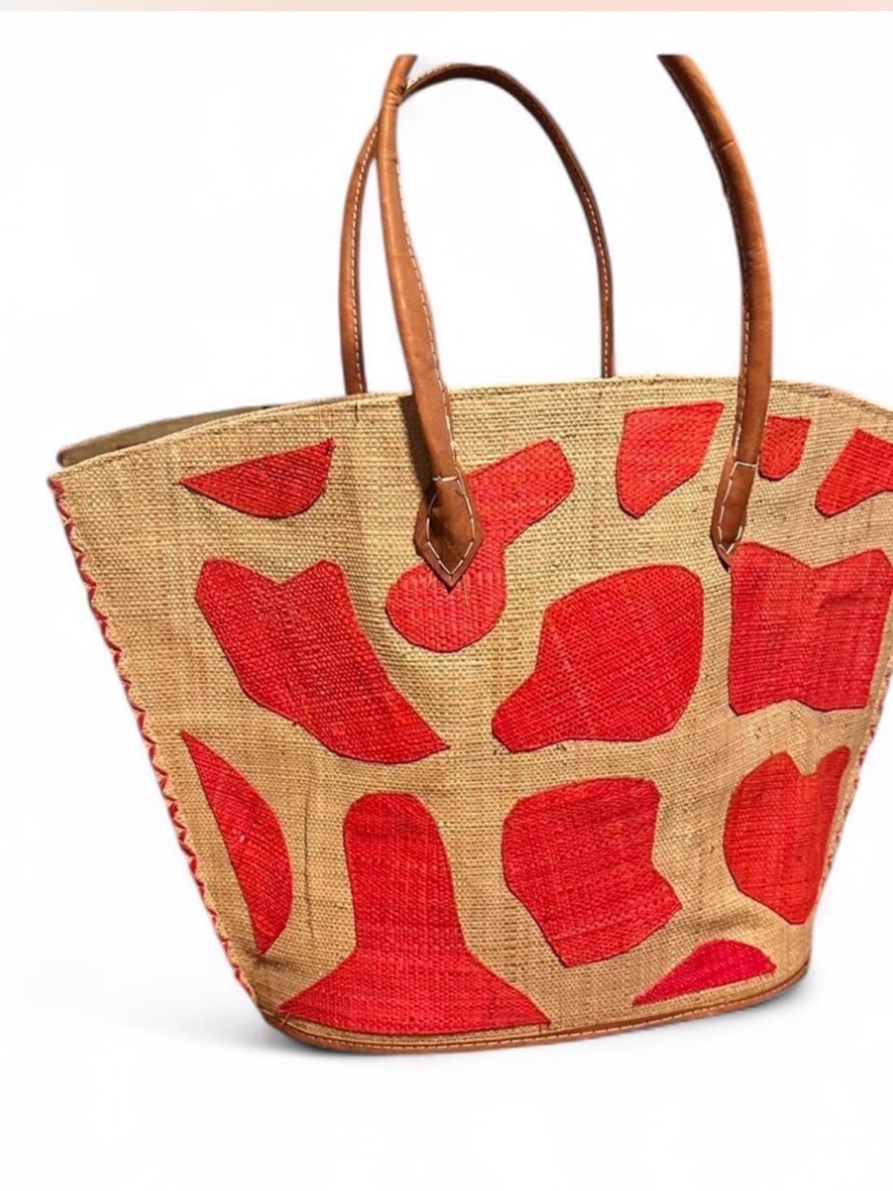 Giraffe Print Straw Tote Bag with Tan & Red